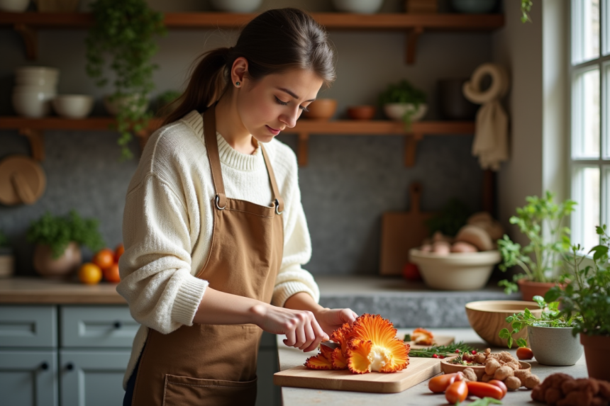 Femme en cuisine tranchant un champignon crésted coral