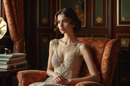 Jeune femme en robe flapper des années 1920 assise élégamment