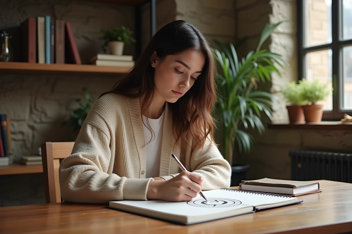 Femme esquissant un symbole du zodiaque chinois dans un intérieur