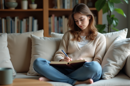 Femme écrivant dans un salon paisible et organisé