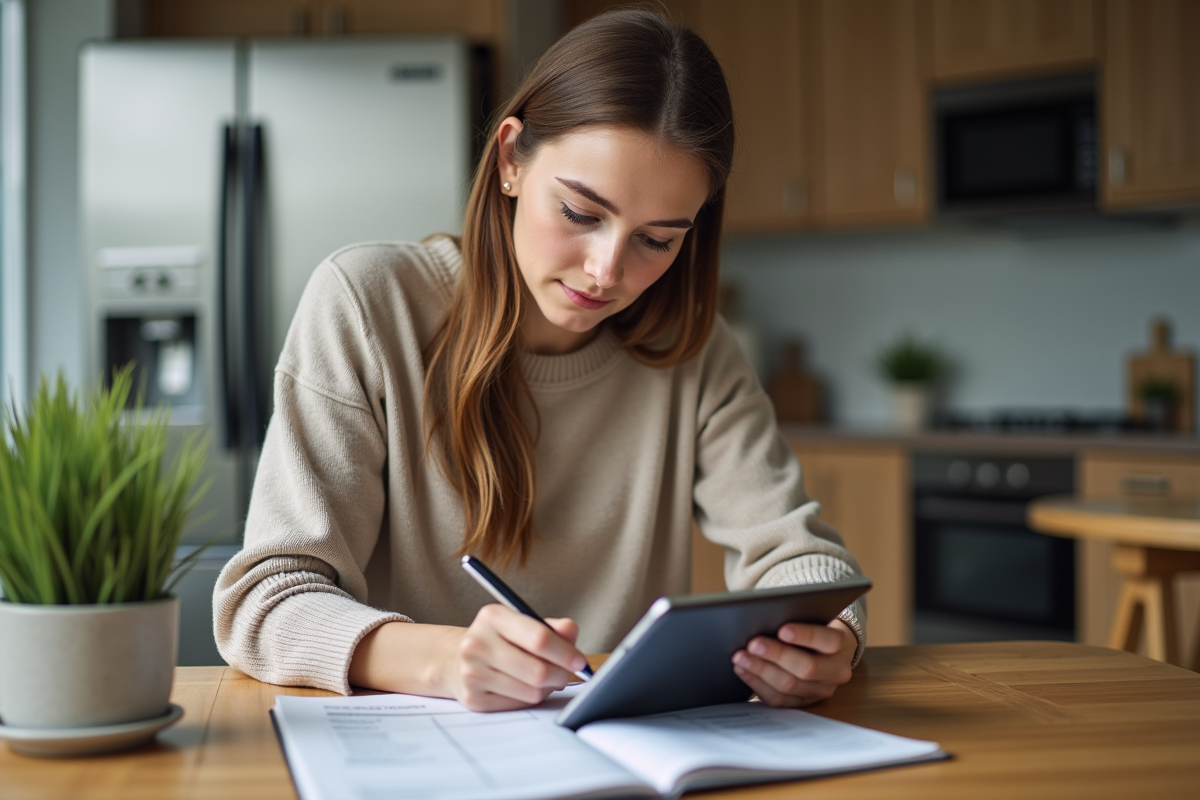 Femme étudiant une facture de batterie de voiture à la maison