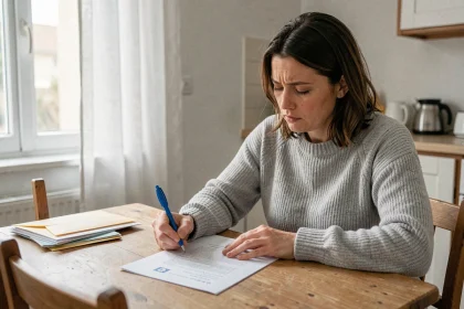 Femme remplissant un formulaire administratif France Travail à son domicile