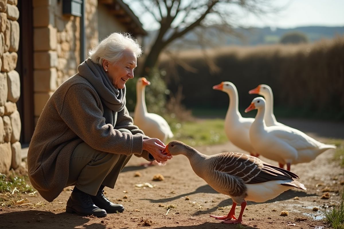 Femme âgée nourrissant des oies dans la cour rurale