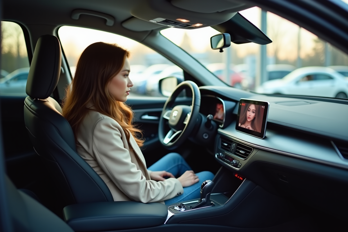 Jeune femme utilisant l écran tactile dans l intérieur d une voiture