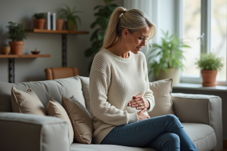 Femme préoccupée en intérieur dans un salon moderne