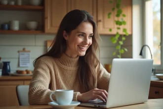 Jeune femme souriante utilisant un ordinateur dans une cuisine lumineuse