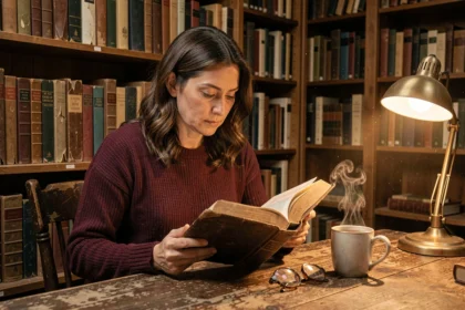 Femme lisant un roman historique dans une librairie ancienne entourée d'étagères de vieux livres