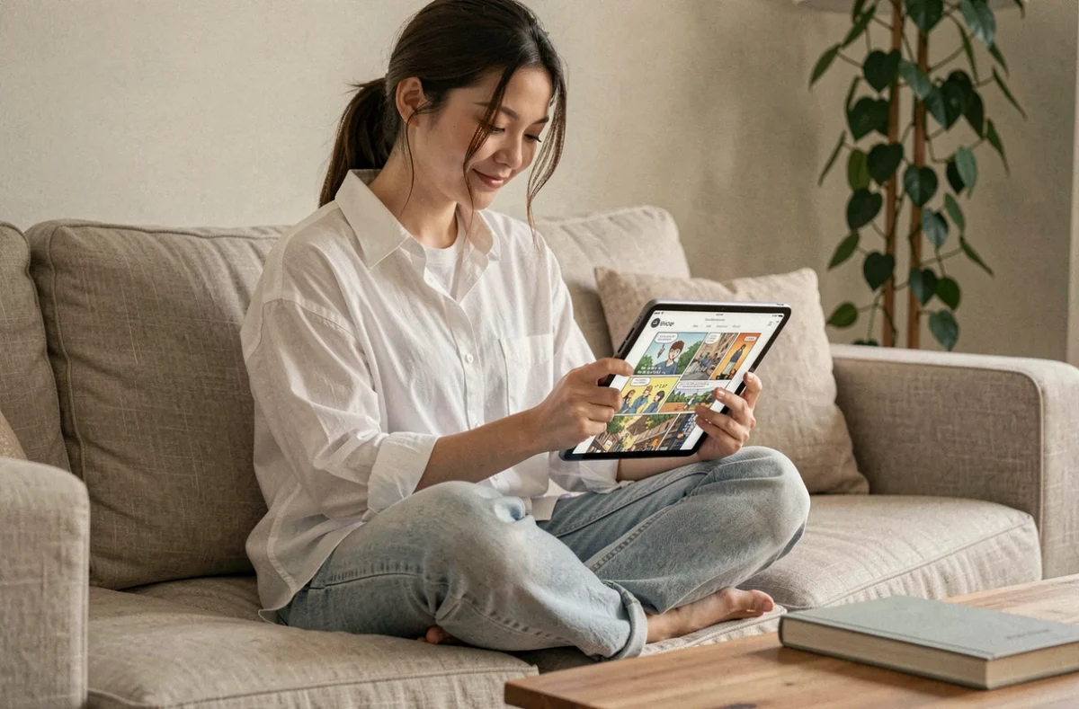 Jeune femme lisant un webtoon manhwa sur tablette installée confortablement dans son salon