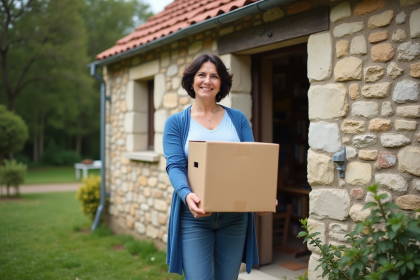 Femme française souriante devant une maison en pierre