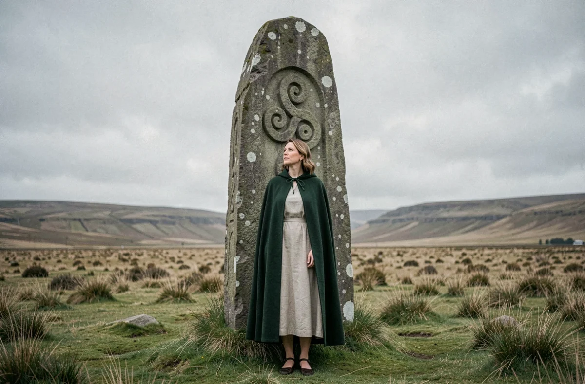 Femme en robe médiévale devant un menhir celtique gravé d'un triskel sur une lande brumeuse