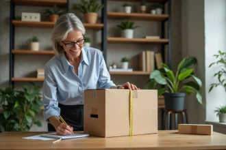 Femme mesurant un colis dans un bureau moderne
