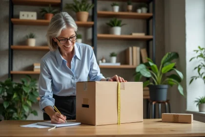 Femme mesurant un colis dans un bureau moderne