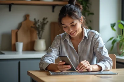 Jeune femme mesurant une étagère avec son smartphone