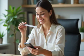 Femme en blouse mesurant son doigt avec une règle dans un bureau lumineux