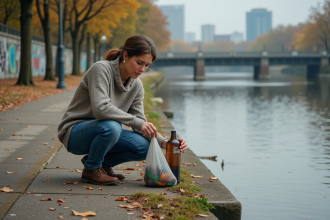 Femme ramassant des bouteilles en plastique sur une berge polluée