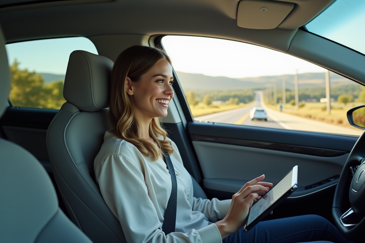 Jeune femme souriante dans une voiture autonome en route