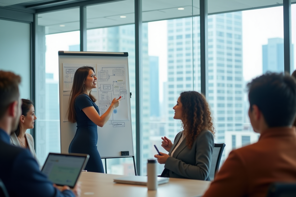 Femme en business casual présentant un tableau blanc avec des schémas