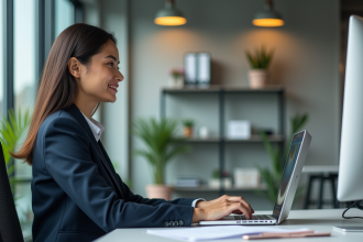 Femme professionnelle en formation en ligne dans un bureau moderne