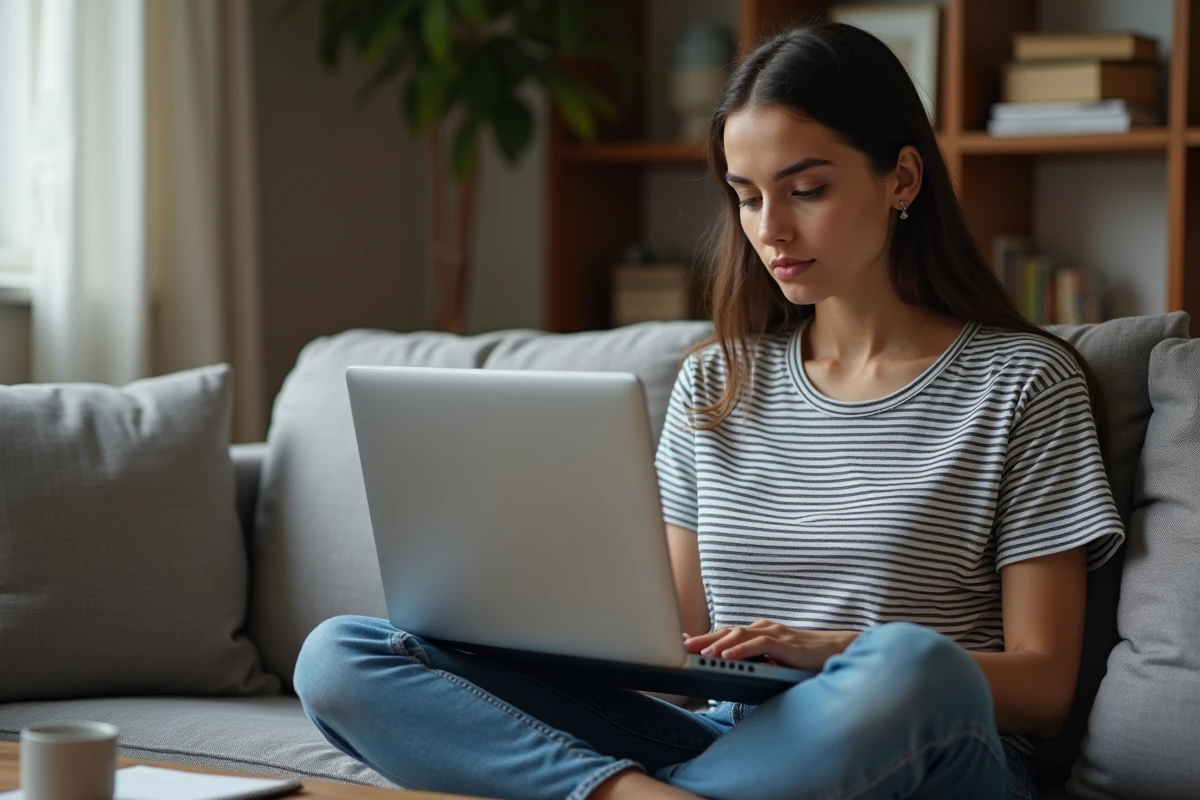 Jeune femme travaillant sur un prototype de maquette web avec du texte lorem ipsum sur son ordinateur portable