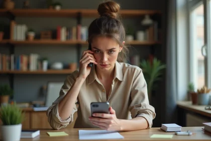 Femme consultant un numéro de téléphone inversé sur son smartphone à son bureau