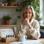 Femme réfléchie avec remèdes homeopathiques dans la cuisine