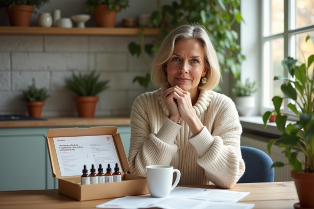 Femme réfléchie avec remèdes homeopathiques dans la cuisine