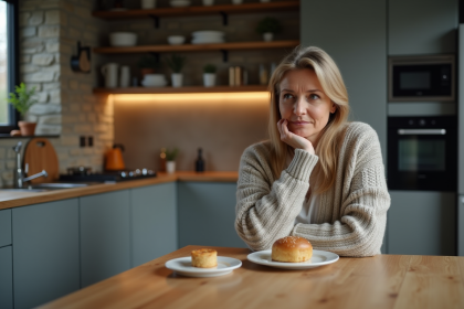 Femme méditative devant son repas dans une cuisine chaleureuse