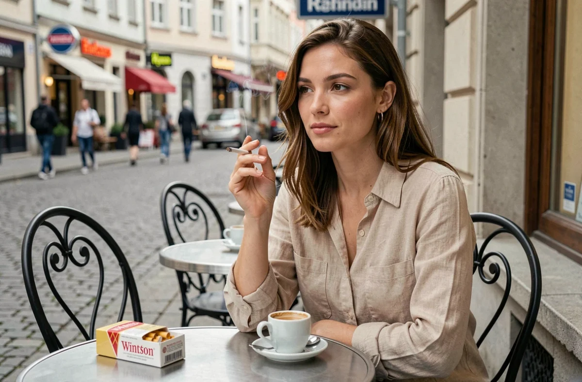 Femme assise en terrasse de café allemand avec une cigarette roulée à la main et un paquet de Winston sur la table