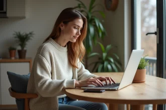 Femme assise à une table à la maison utilisant un ordinateur portable