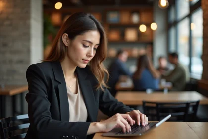 Jeune femme professionnelle utilisant une tablette dans un café animé
