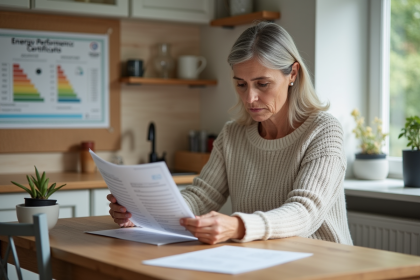 Femme vérifiant un certificat d'énergie dans sa cuisine lumineuse
