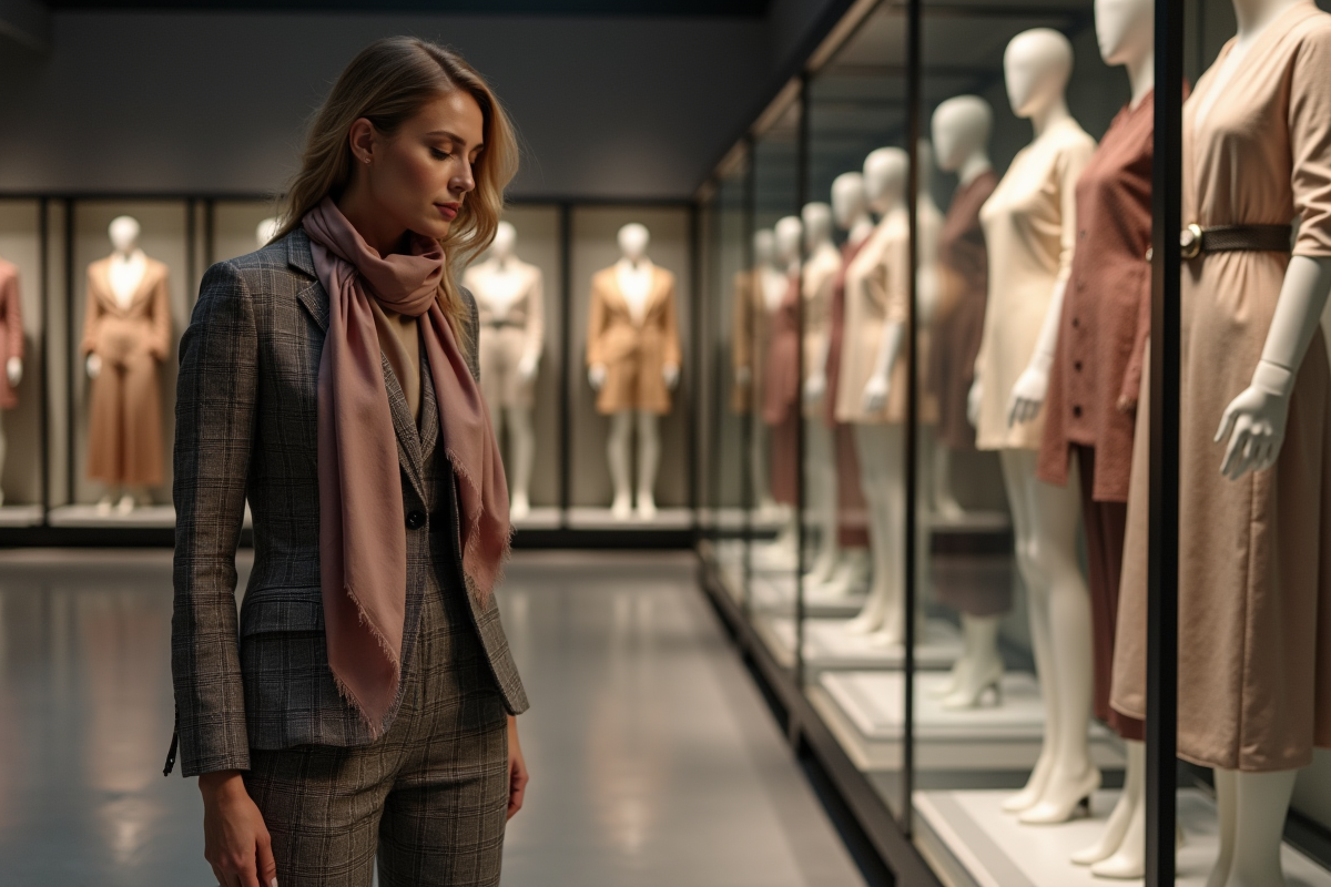 Femme examine pièces de couture vintage en studio moderne
