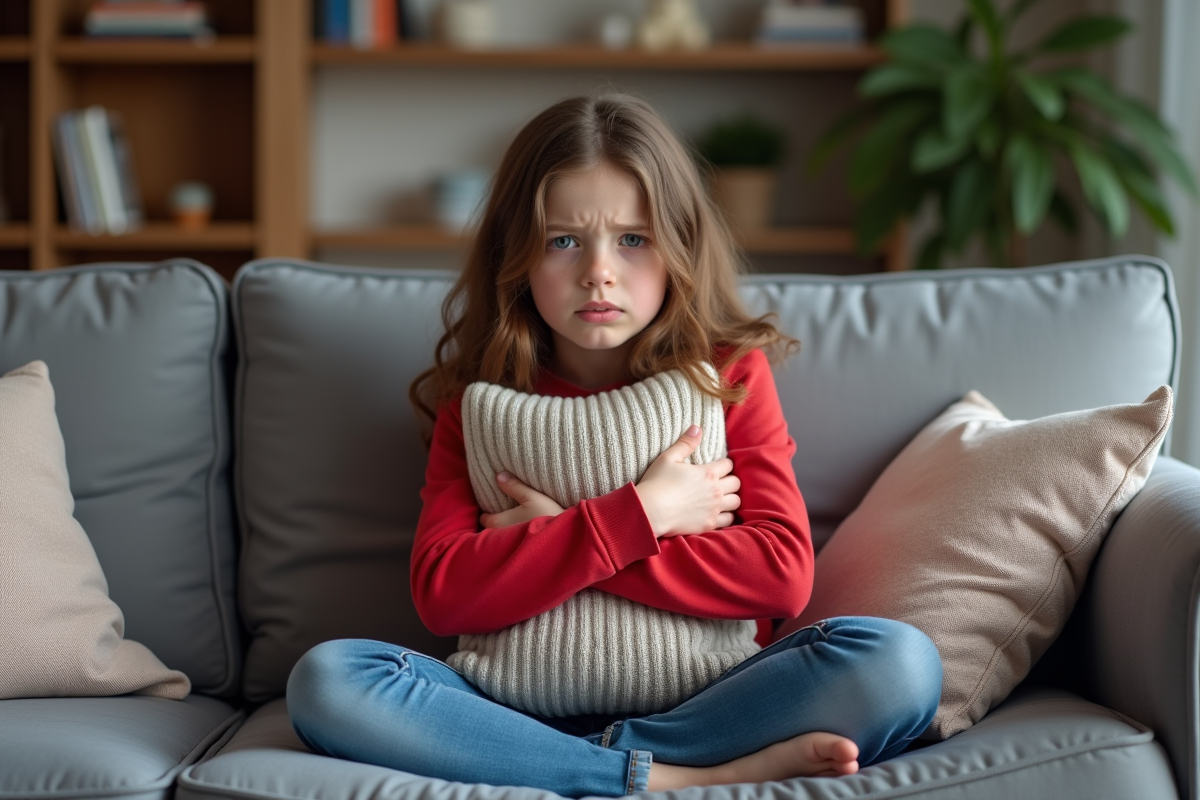Fille de 10 ans assise sur un canapé avec un coussin