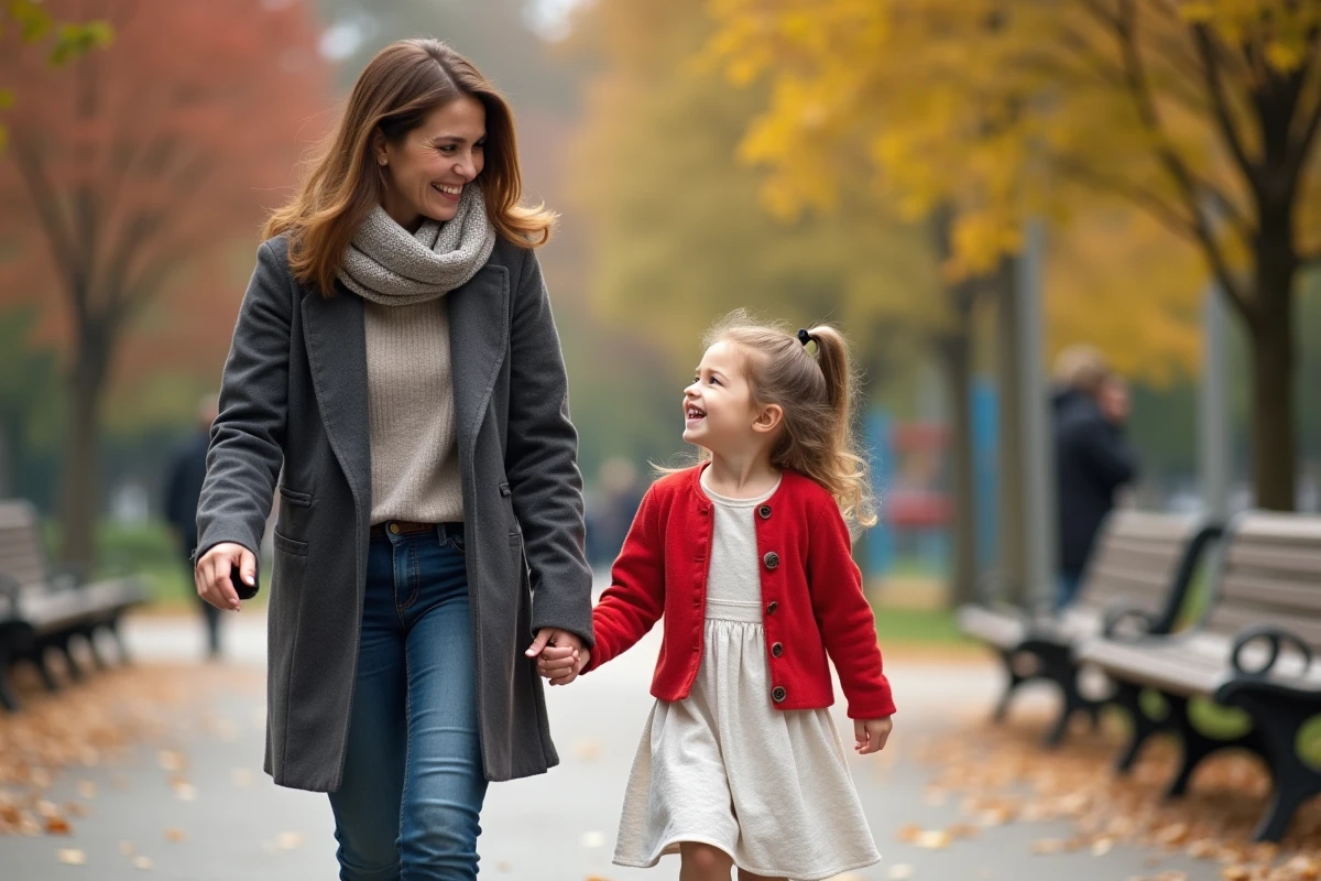 Fille et mère souriantes marchant dans un parc en automne
