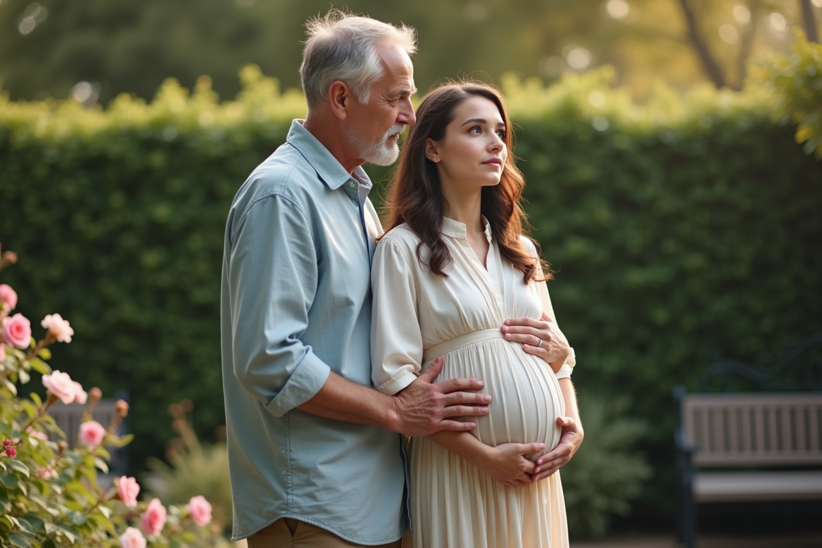Jeune femme et père dans un jardin fleuri