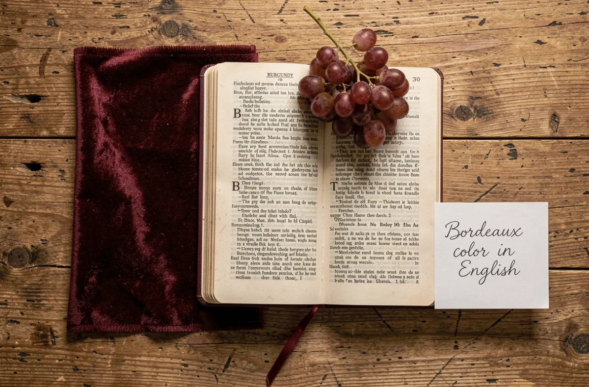 Composition à plat avec tissu bordeaux, dictionnaire anglais-français et note manuscrite sur la couleur bordeaux