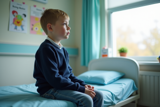 Garçon de 9 ans assis sur un lit d'hôpital regardant par la fenêtre