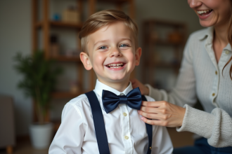 Garçon souriant en chemise blanche et nœud papillon en velours