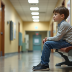 Garçon de 9 ans assis seul dans un couloir d'école