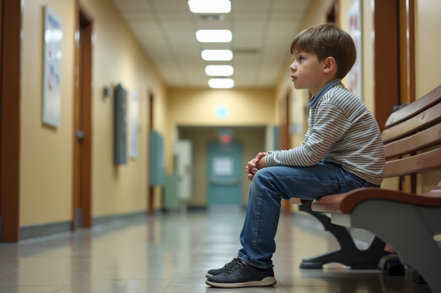 Garçon de 9 ans assis seul dans un couloir d'école