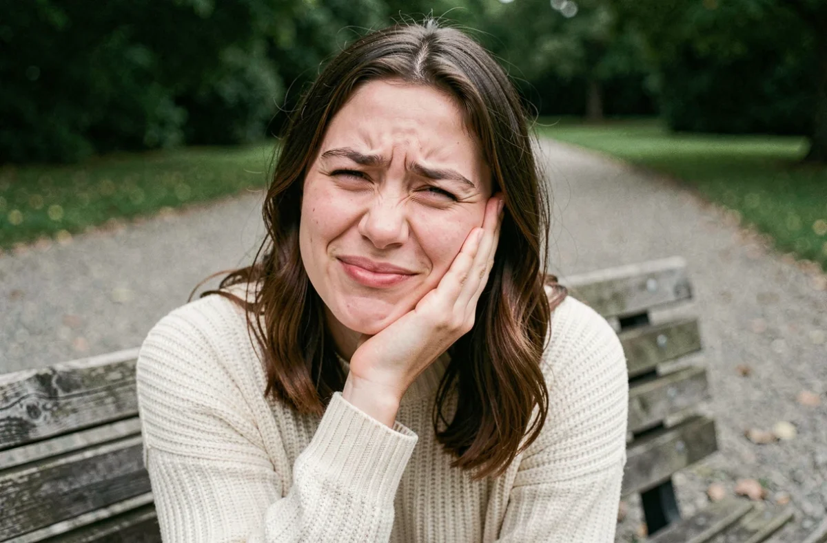 Jeune femme sur un banc de parc souriant de gêne en repensant à une blague embarrassante, expression de malaise amusé