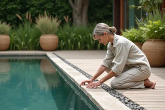 Jardin avec piscine intégrant des matériaux naturels comme le bois et la pierre