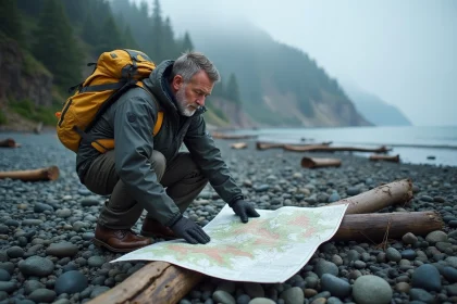 Géologue examinant une carte à Lituya Bay avec tsunami