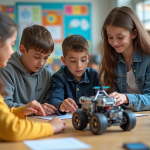 Groupe d'élèves de collège autour d'un projet robotique