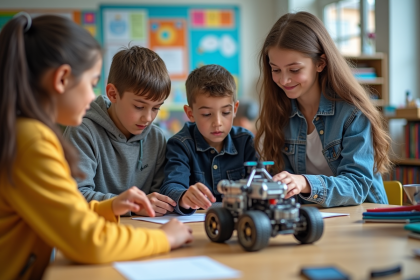 Groupe d'élèves de collège autour d'un projet robotique