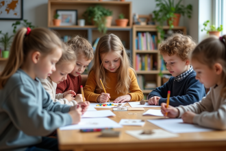 Enfants d age scolaire travaillant ensemble en classe