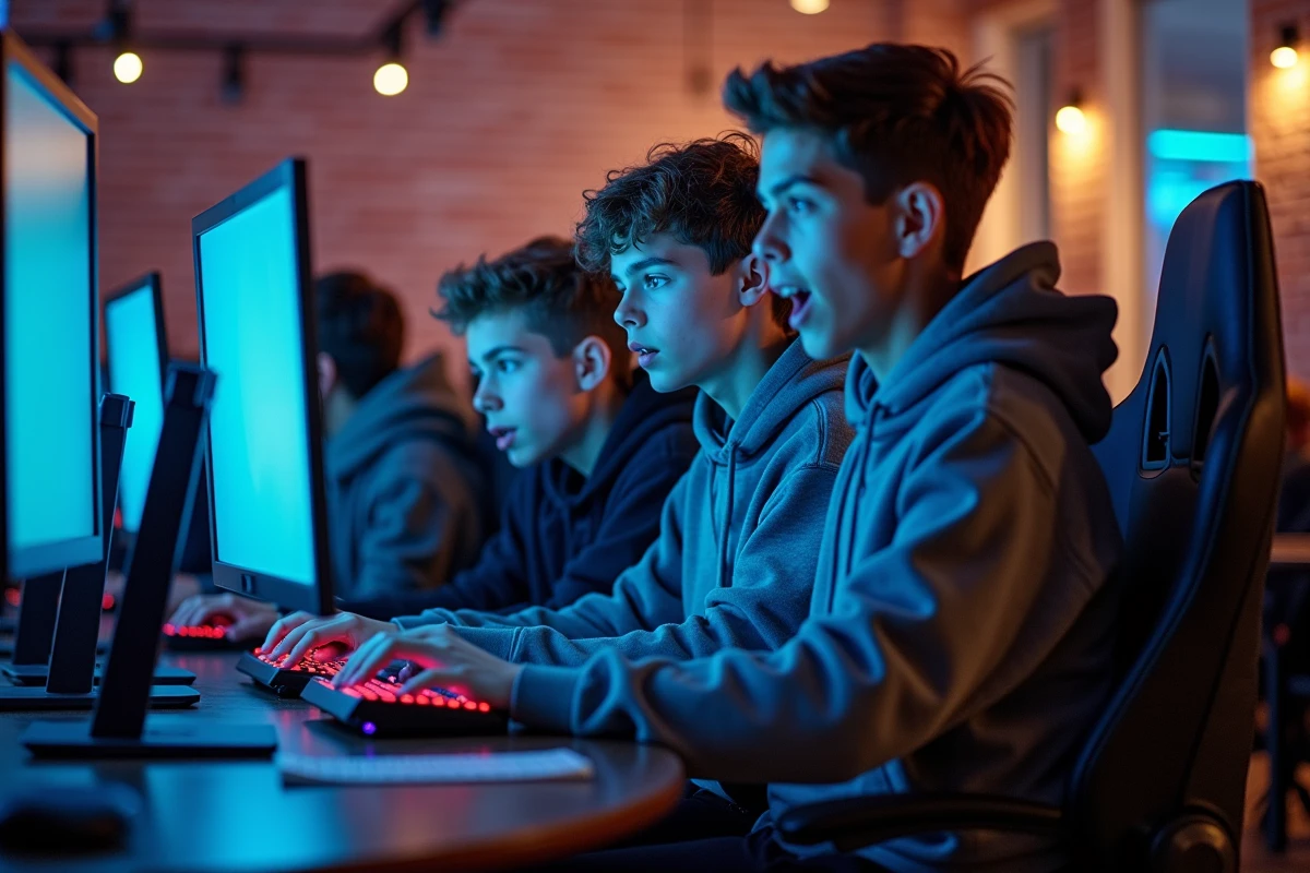 Trois adolescents jouant ensemble dans un café gaming