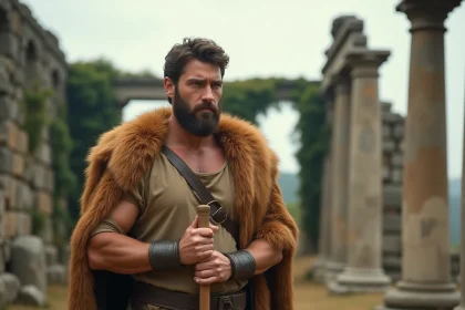 Reconstitution historique d'Hercule en tenue antique avec peau de lion et massue devant des ruines grecques