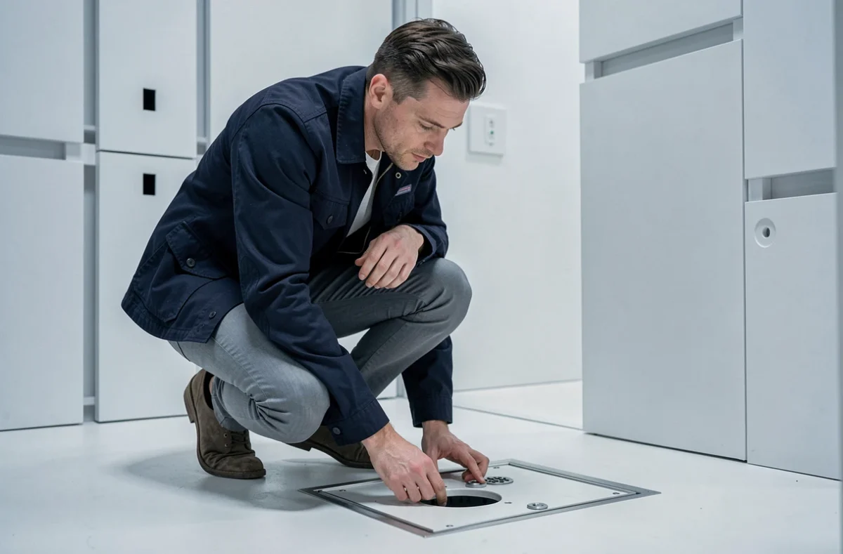Un joueur inspectant un mécanisme caché au sol dans une salle de Hidden Scape à Sillingy, escape room minimaliste aux panneaux secrets encastrés