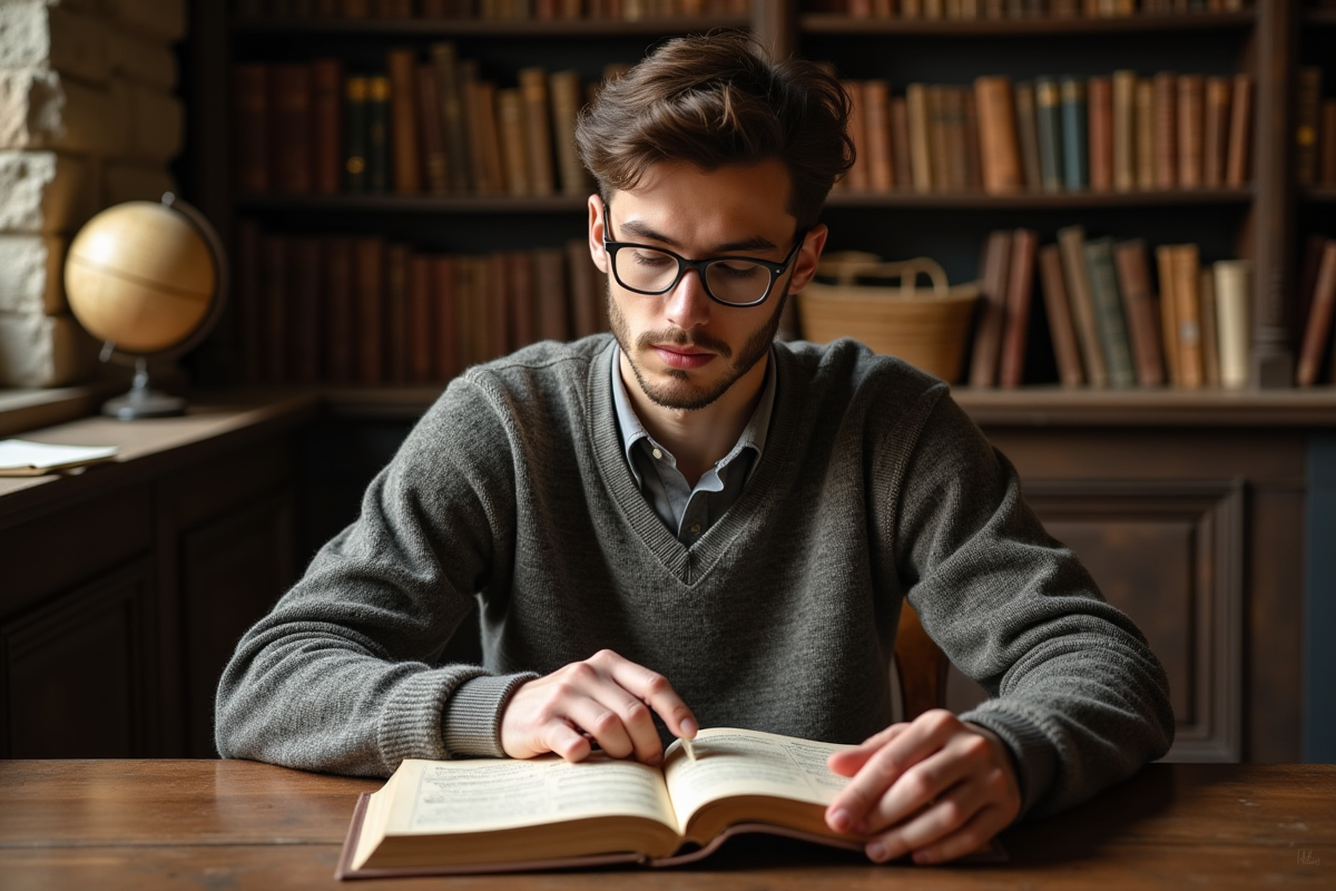 Jeune historien lisant un livre sur la migration